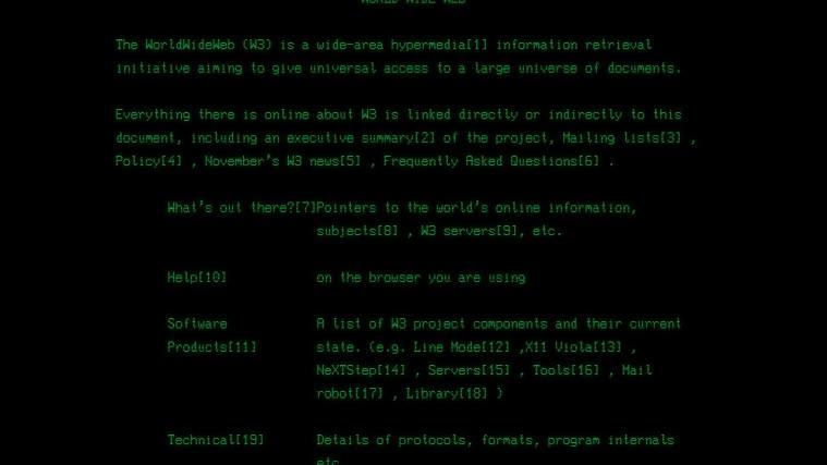 Die erste Website der Welt: Die Website des Cern-Laboratoriums ist heute noch online. - Foto. Screenshot von http://line-mode.cern.ch/www/hypertext/WWW/TheProject.html