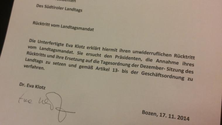 Das Rücktrittsschreiben von Eva Klotz.