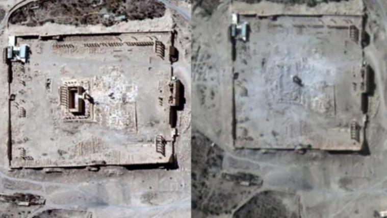 Satellitenbilder als Beweis: Der Baal-Tempel (links vor der Zerstörung) existiert nicht mehr.