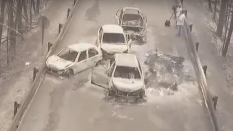 Zahlreiche ausgebrannte Autowracks wurden von der Videokamera der Drohne eingefangen. - Foto: Screenshot Video YouTube/Ruptly TV