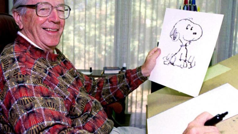 Cartoonist Charles M. Schulz und sein Snoopy.