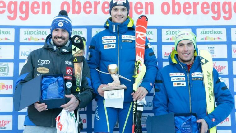 Das Siegerpodium in Obereggen mit Grange, Meillard und Yule (Fotos: Groppo)