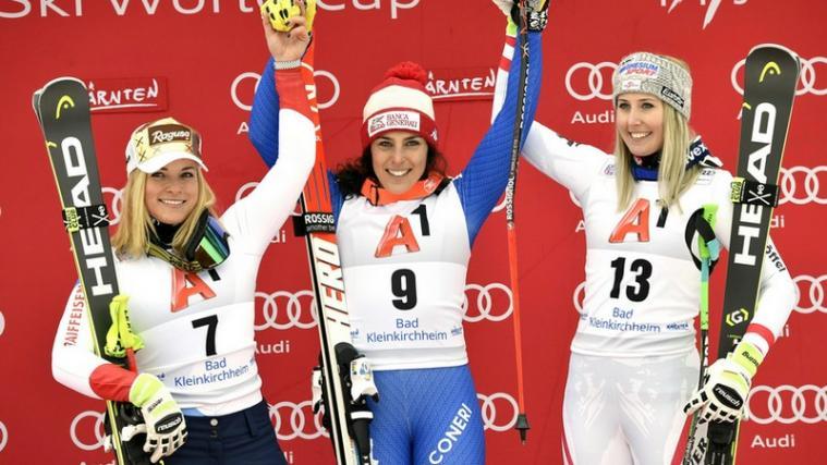 Lara Gut (SUI/2. Platz), Federica Brignone (ITA/1. Platz) und Cornelia Hütter (AUT/3. Platz). - Foto: APA