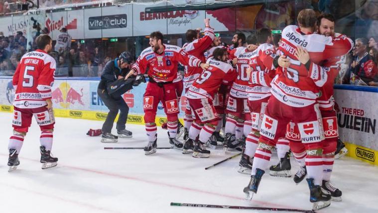 Riesenjubel bei den HCB-Spielern nach dem monatelang für unmöglich geglaubten EBEL-Triumph. © APA / EXPA/JFK