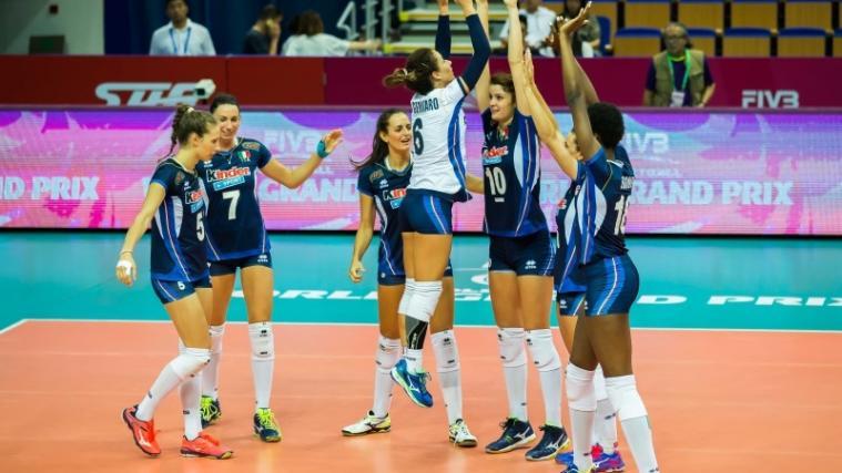 Italien (mit Folie, Nummer 7) gewann gegen Russland (Foto federvolley)