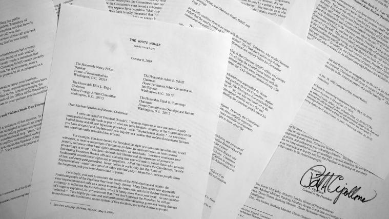 Dieses von Pat Cipollone, dem Anwalt der US-Präsidentschaft, unterzeichnete Schreiben erläutert die Haltung des Weißen Hauses.