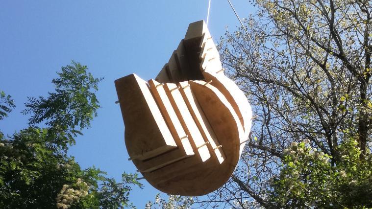 Versteckt zwischen den Bäumen in 5 Meter Höhe hängt an einem Drahtseil die Skulptur „Organica“.