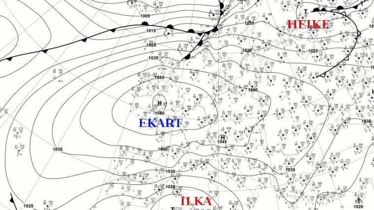 Die aktuelle Wetterkarte zeigt das Hoch Ekart mit Zentrum über England.