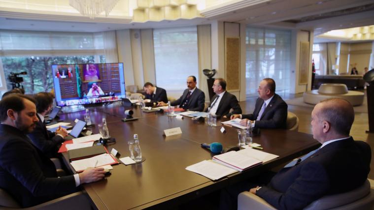 Am Donnerstag hielten die 20 führenden Industrie- und Schwellenländer eine Videokonferenz ab. Hier im Bild: Der türkische Präsident Recep Tayyip Erdogan (ganz rechts)