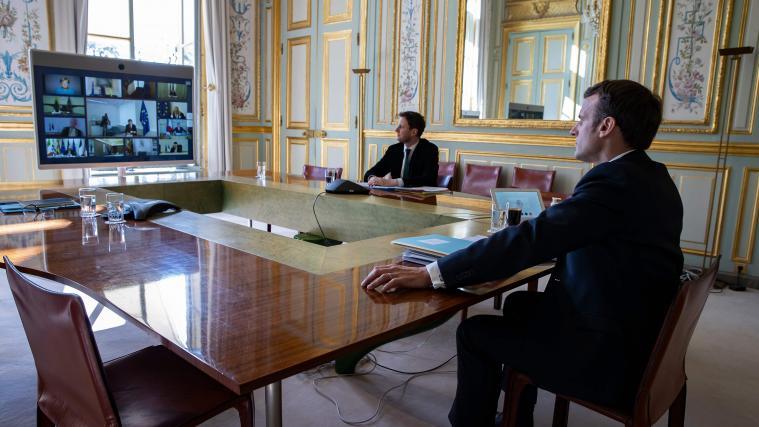 Der französische Präsident Emmanuel Macron während des EU-Videogipfels.