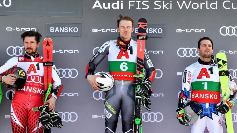 Marcel Hirscher (links) holte bis dato den letzten ÖSV-Podestplatz im Riesentorlauf, hinter Henrik Kristoffersen (Bildmitte) und vor Thomas Fanara (rechts).