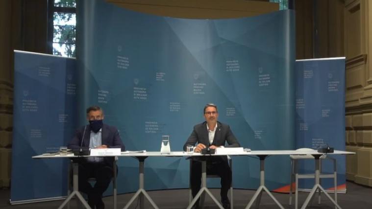 Widmann und Kompatscher auf der vorläufig letzten virtuellen Medienkonferenz am Donnerstag.