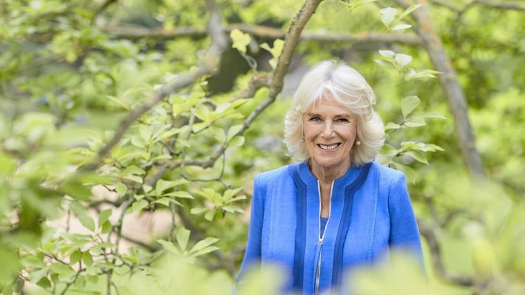 Camilla zeigte sich zu ihrem Geburtstag am Freitag im Garten ihrer Residenz Clarence House in London in einem blauen Seidenkleid der Designerin Anna Valentine.