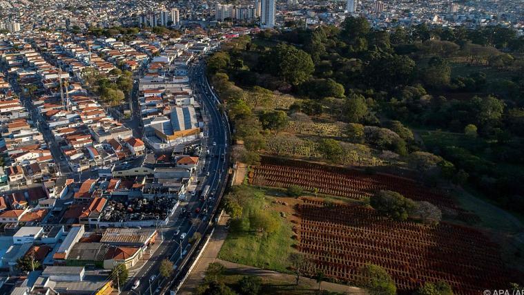 Rechts im Bild Corona-Massengräber am Stadtrand von Sao Paulo.