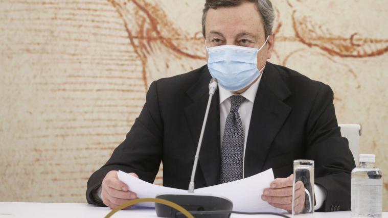 Ministerpräsident Mario Draghi bei der Pressekonferenz am Dienstag.