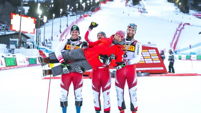 Michael Matt, Marcel Hirscher, und Marco Schwarz, mit ÖSV-Präsident Peter Schröcksnadel bei der WM 2019.